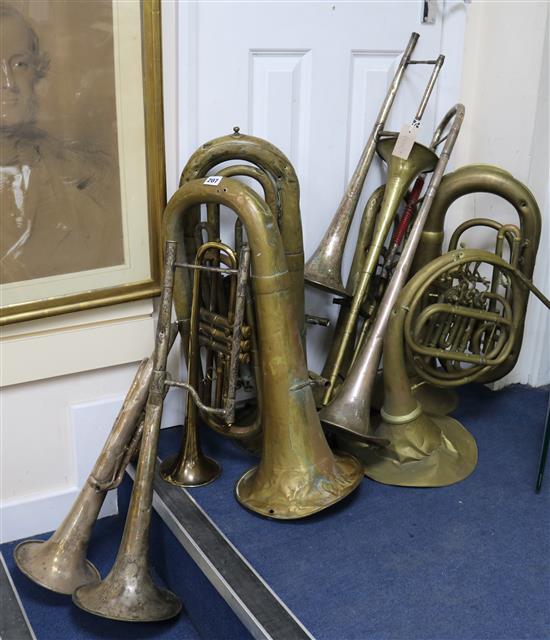 Ten assorted brass instruments